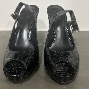 Tory Burch Allison Black Patent Croc Embossed Peep-Toe Heels